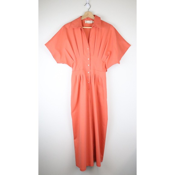 Anthropologie Exquise The Tobie Pleated Jumpsuit Bright Poppy Peach Small Petite - Picture 3 of 10